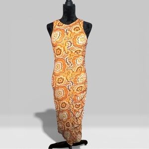 Neon Rose racer midi dress with ruched front seam in 70s floral mesh-Multi NWT